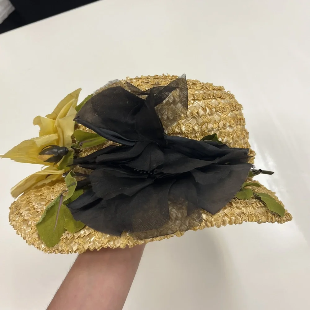 Vintage Mr Rickie Hat Cap Straw Floral Yellow Black Wide Brim Womens Spring 50s